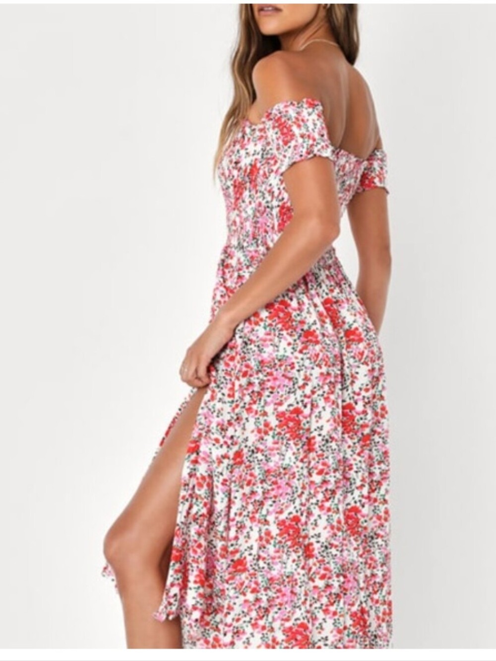 Lulus View from the Meadow Cream Floral Print Off-the-Shoulder Dress